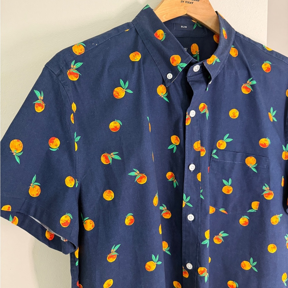 J. Crew Factory Short-sleeve slim orange-print flex casual shirt - Picture 2 of 6